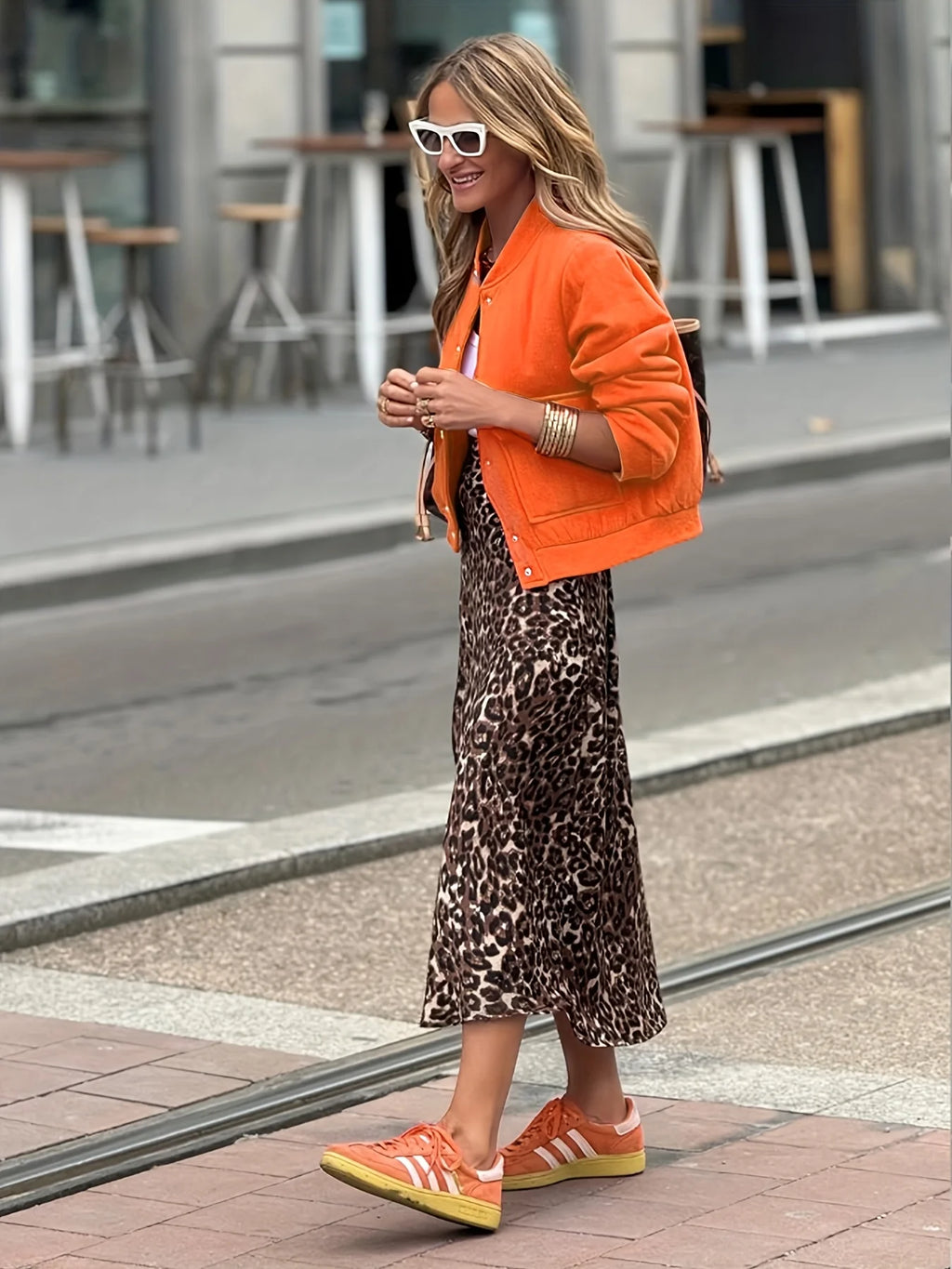 Women's Bright Orange Bomber Jacket Casual Button Up Short Outerwear