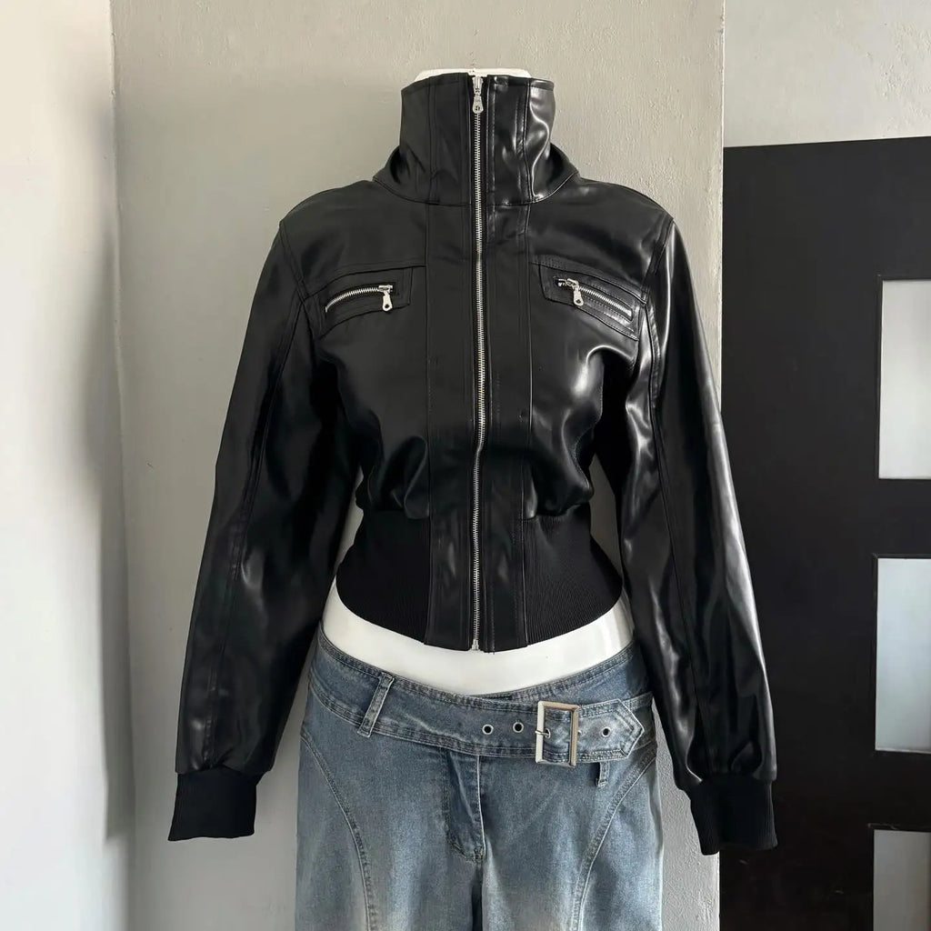 Edgy Black PU Leather High Collar Jacket Women Zip Up Cropped Bomber Rivet Sleeves and Multiple Pockets Y2K Punk Streetwear Coat